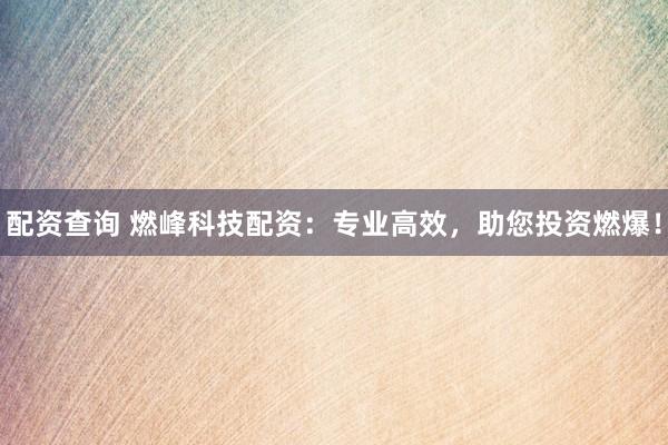 配资查询 燃峰科技配资：专业高效，助您投资燃爆！